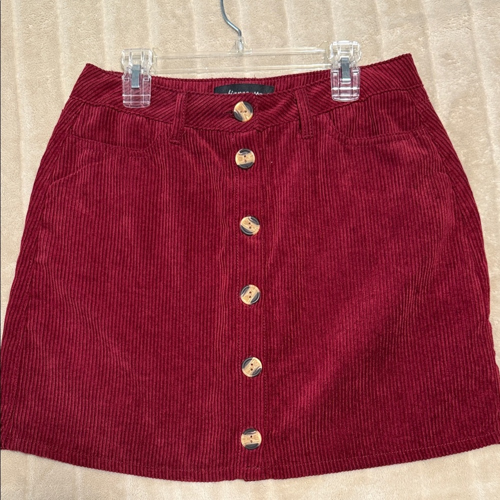 Ambiance Burgundy Corduroy Mini Skirt with Button Detail